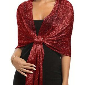 Women's Wine Red Sparkling Metallic Shawls and Wraps Wedding Party with Buckle